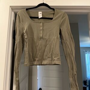 SO Olive Ribbed Henley Long Sleeve Top